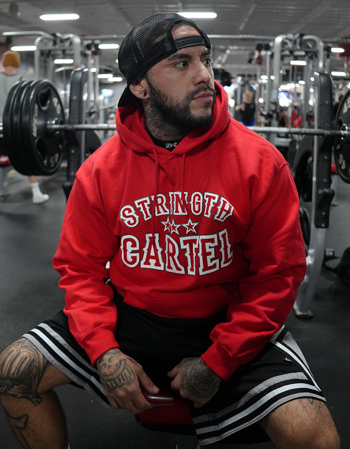 STRENGTH CARTEL STARS PINSTRIPE PULLOVER RED HOODIE