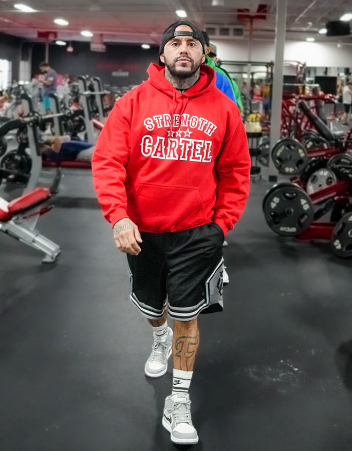 STRENGTH CARTEL STARS PINSTRIPE PULLOVER RED HOODIE