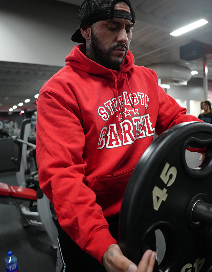 STRENGTH CARTEL STARS PINSTRIPE PULLOVER RED HOODIE